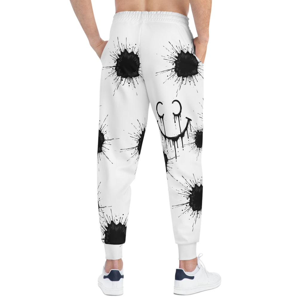 Ink Splatter Teddy Joggers — Grunge Athletic Sweatpants with Smiley Detail