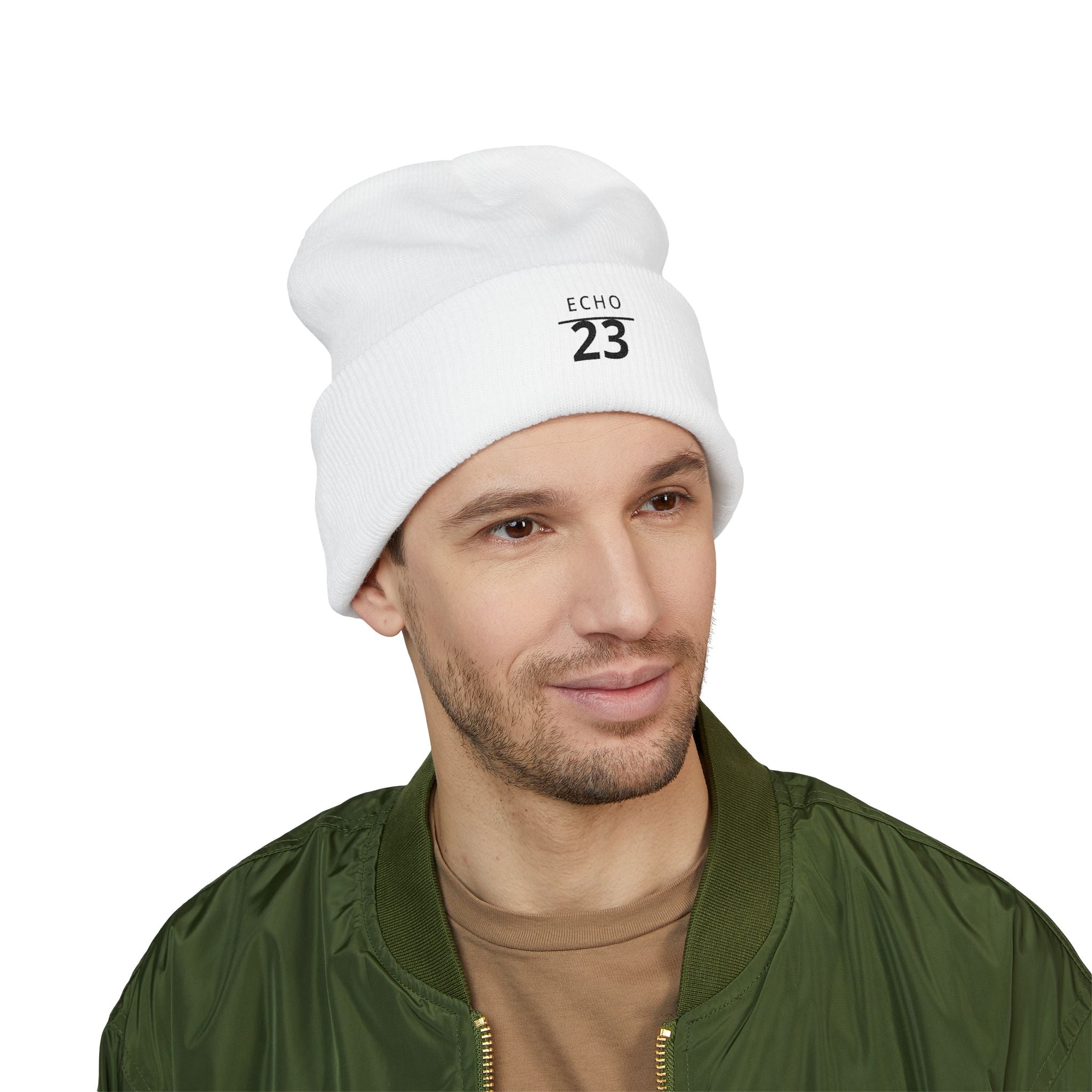 Echo 23 Embroidered Cuffed Beanie — Minimal Knit Winter Hat