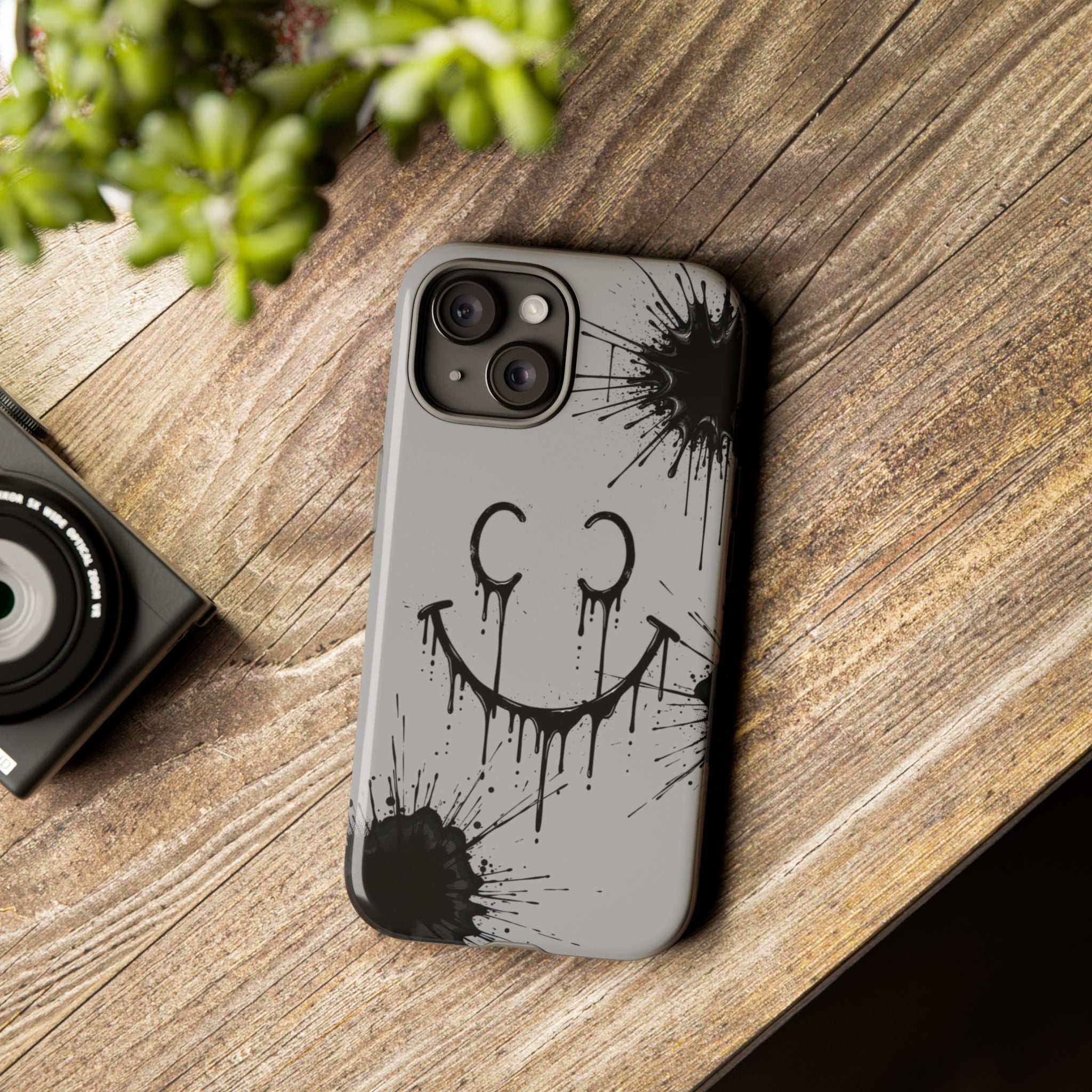 Protective Phone Case — Gray Drip Smile Splatter Design