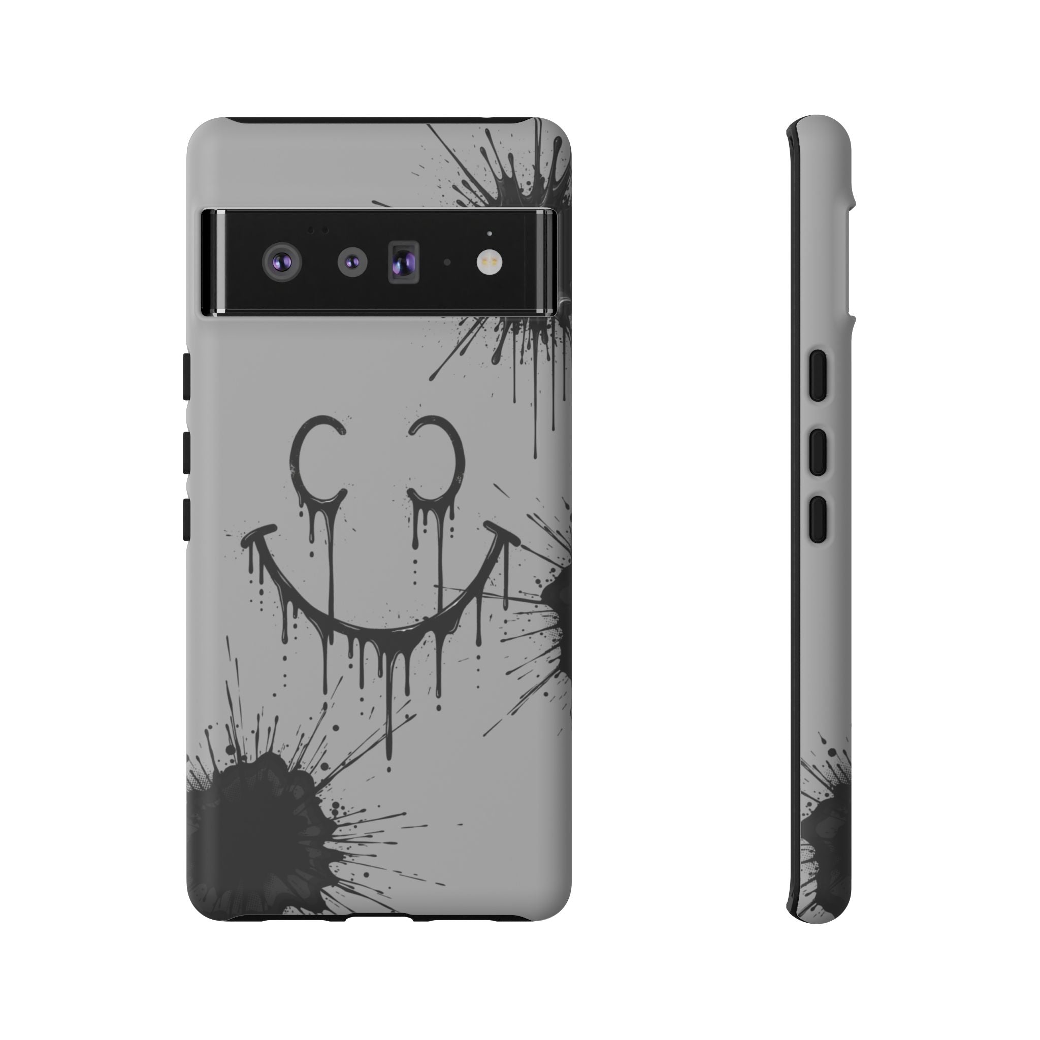 Protective Phone Case — Gray Drip Smile Splatter Design