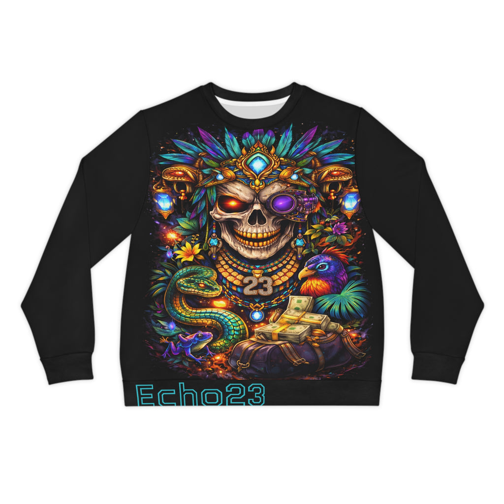 Skull Totem Sweatshirt — Vibrant Day of the Dead Skull & Jungle Motif