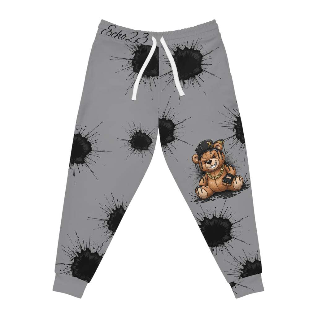 Ink Splatter Teddy Joggers — Grunge Athletic Sweatpants with Smiley Detail
