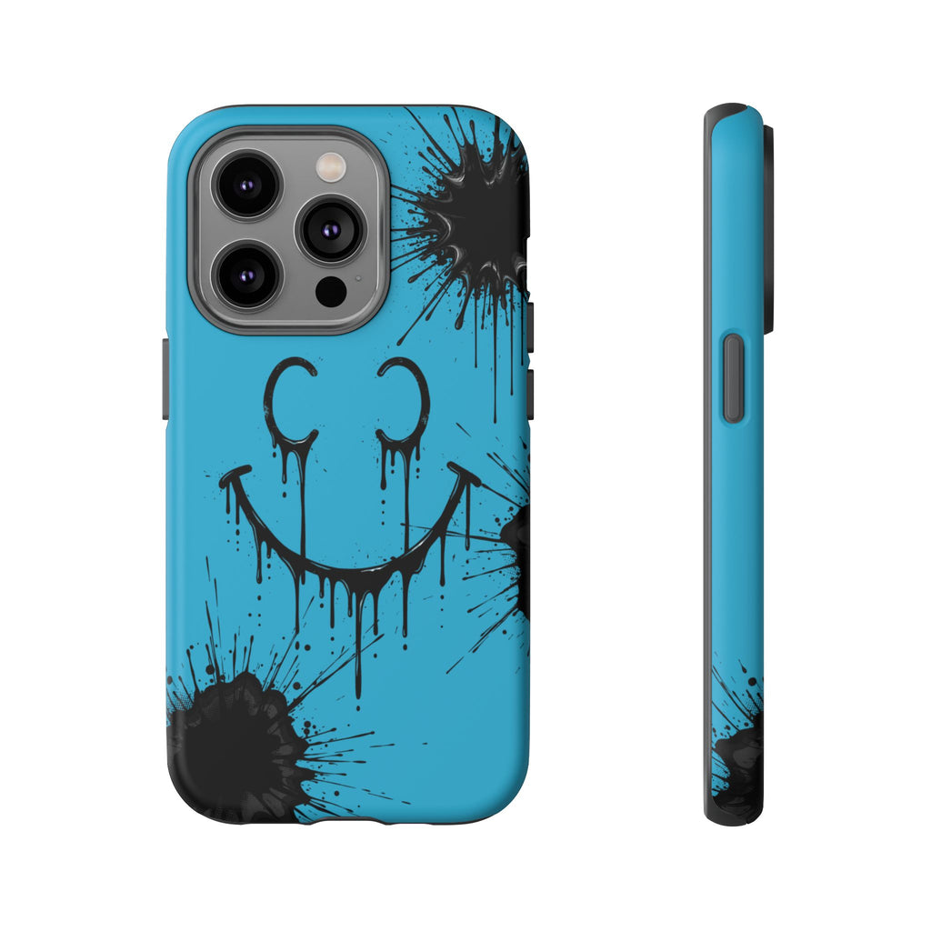 Protective Phone Case — Blue Drip Smile Splatter Design