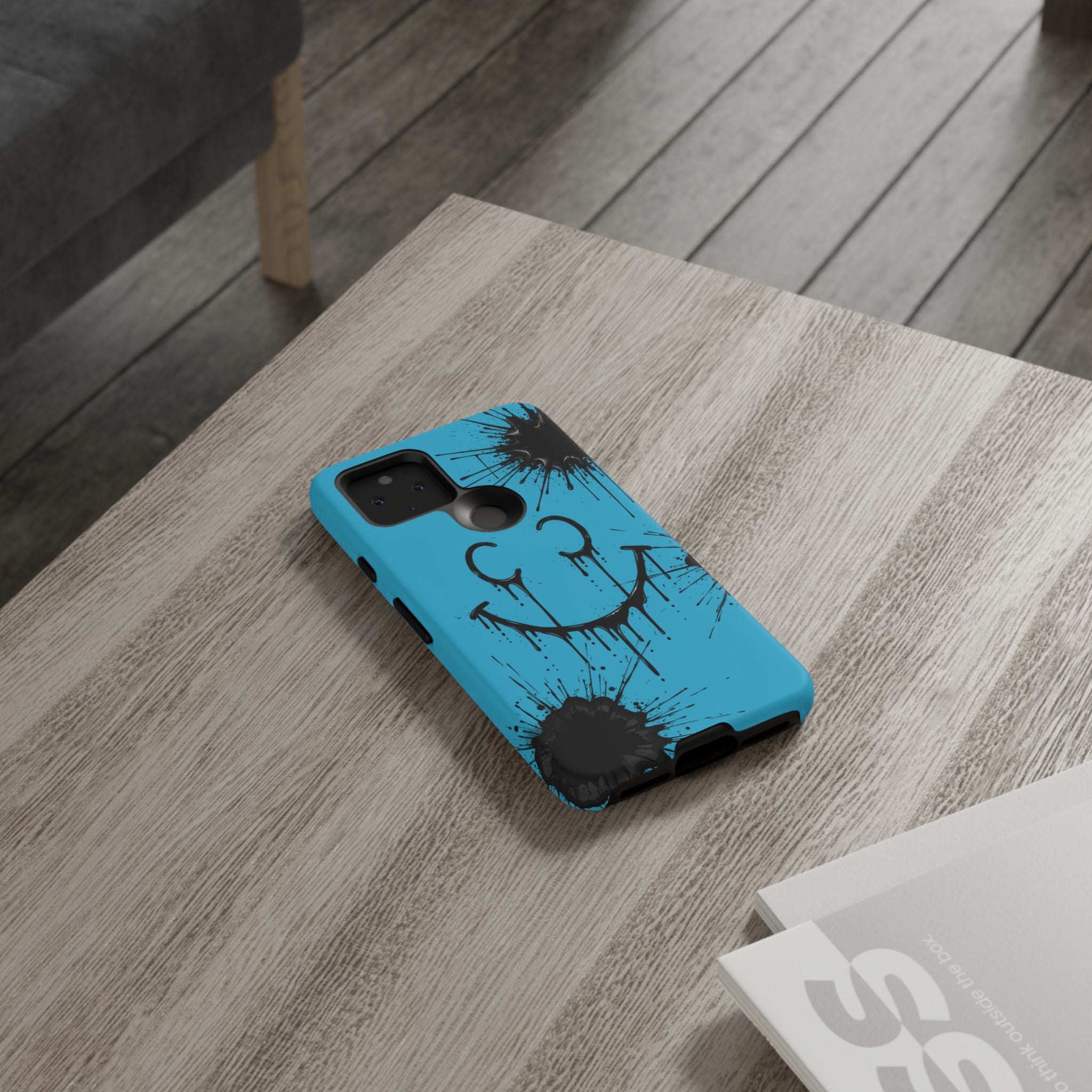 Protective Phone Case — Blue Drip Smile Splatter Design