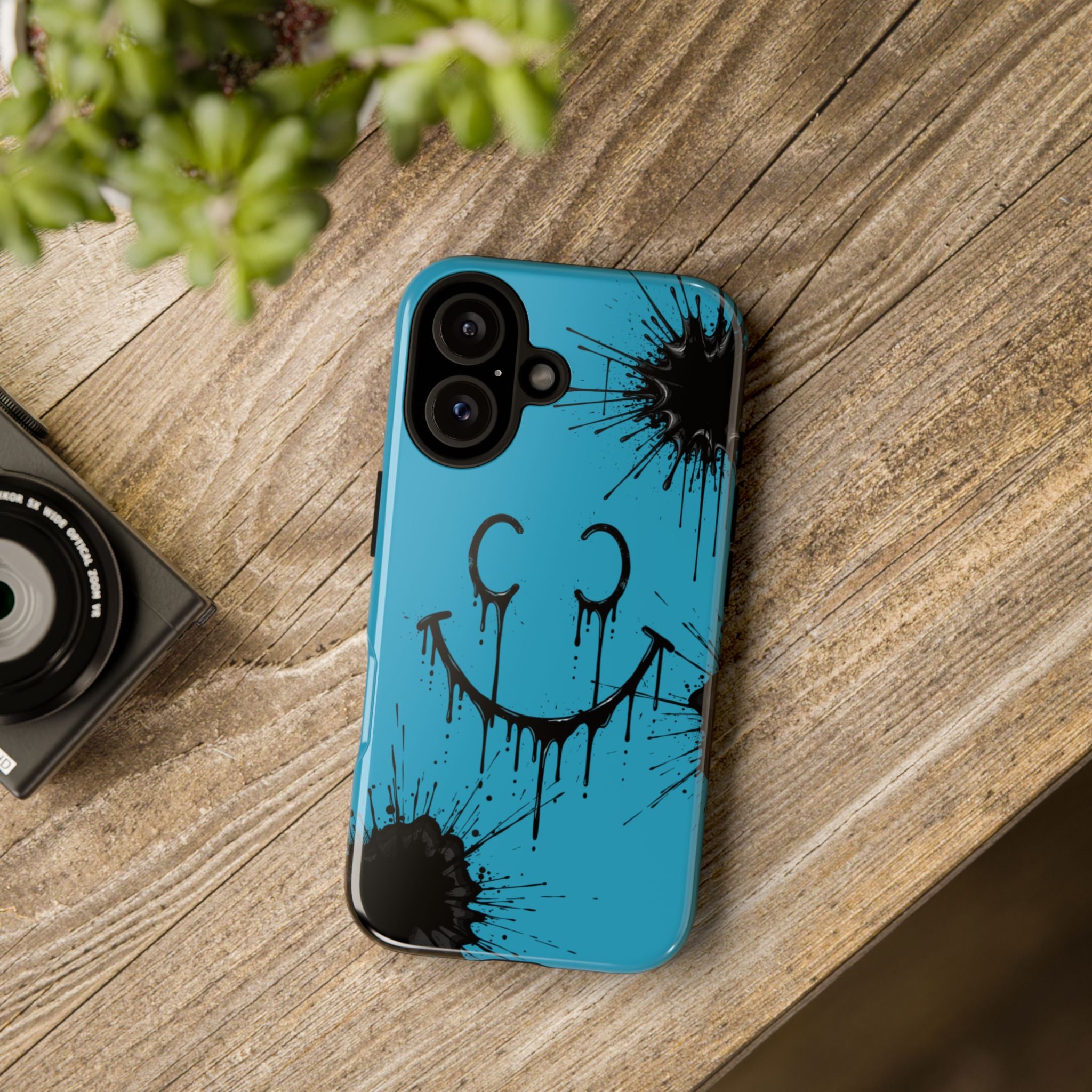 Protective Phone Case — Blue Drip Smile Splatter Design