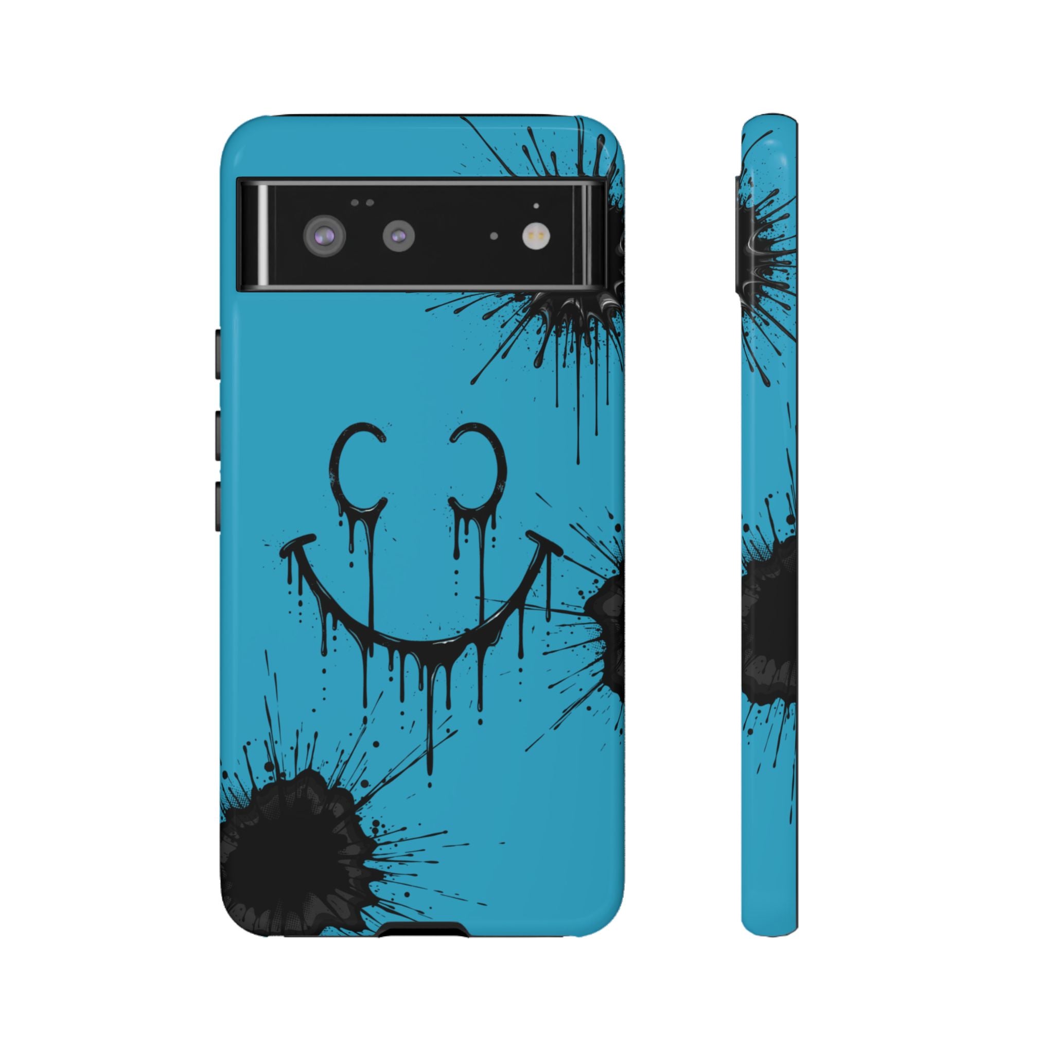 Protective Phone Case — Blue Drip Smile Splatter Design
