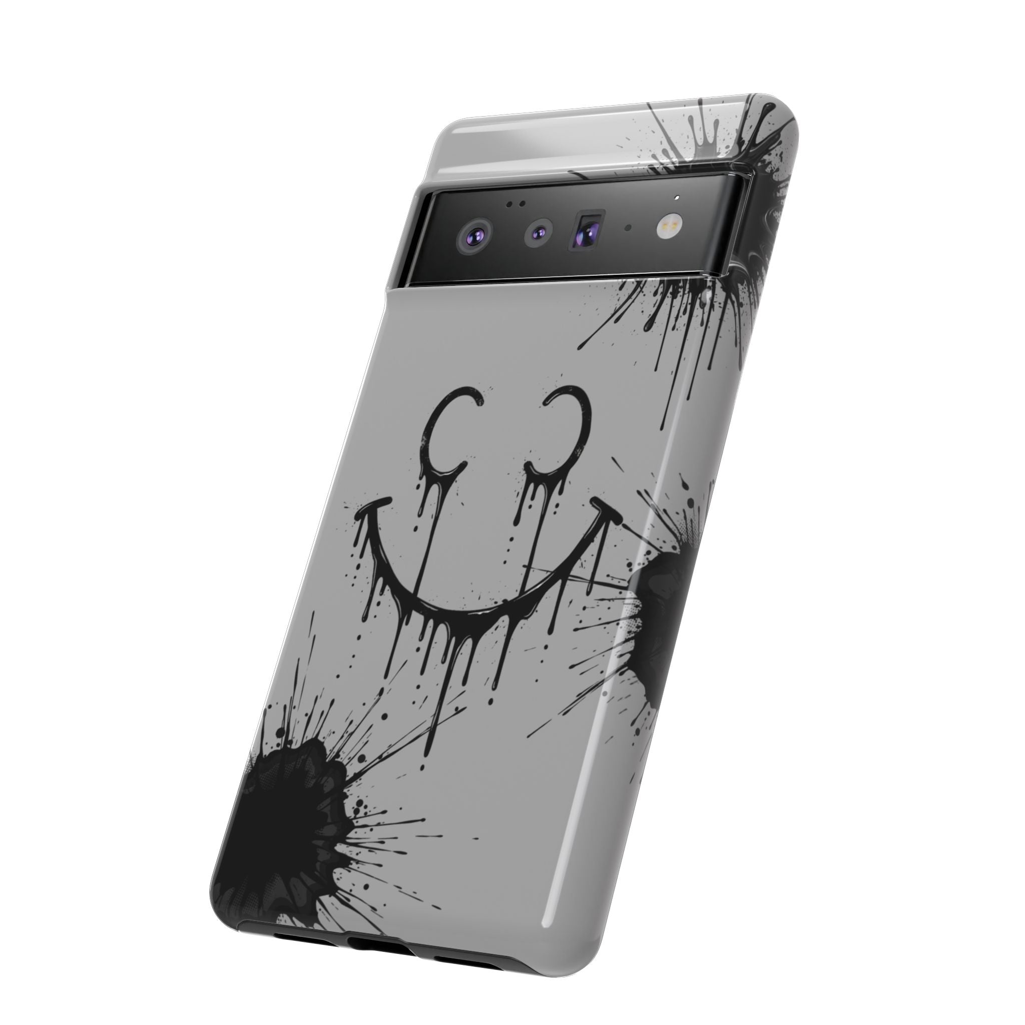Protective Phone Case — Gray Drip Smile Splatter Design