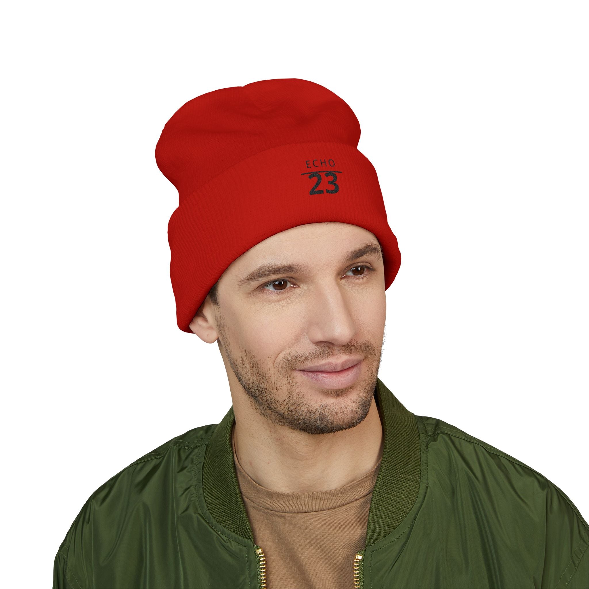 Echo 23 Embroidered Cuffed Beanie — Minimal Knit Winter Hat