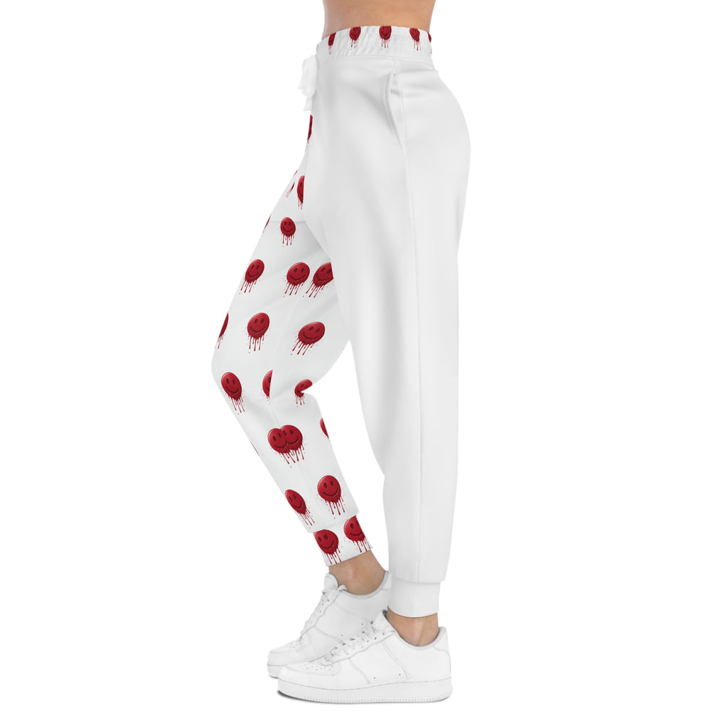 White Joggers with Red Dripping Smile Pattern — Graphic Athletic Sweatpants