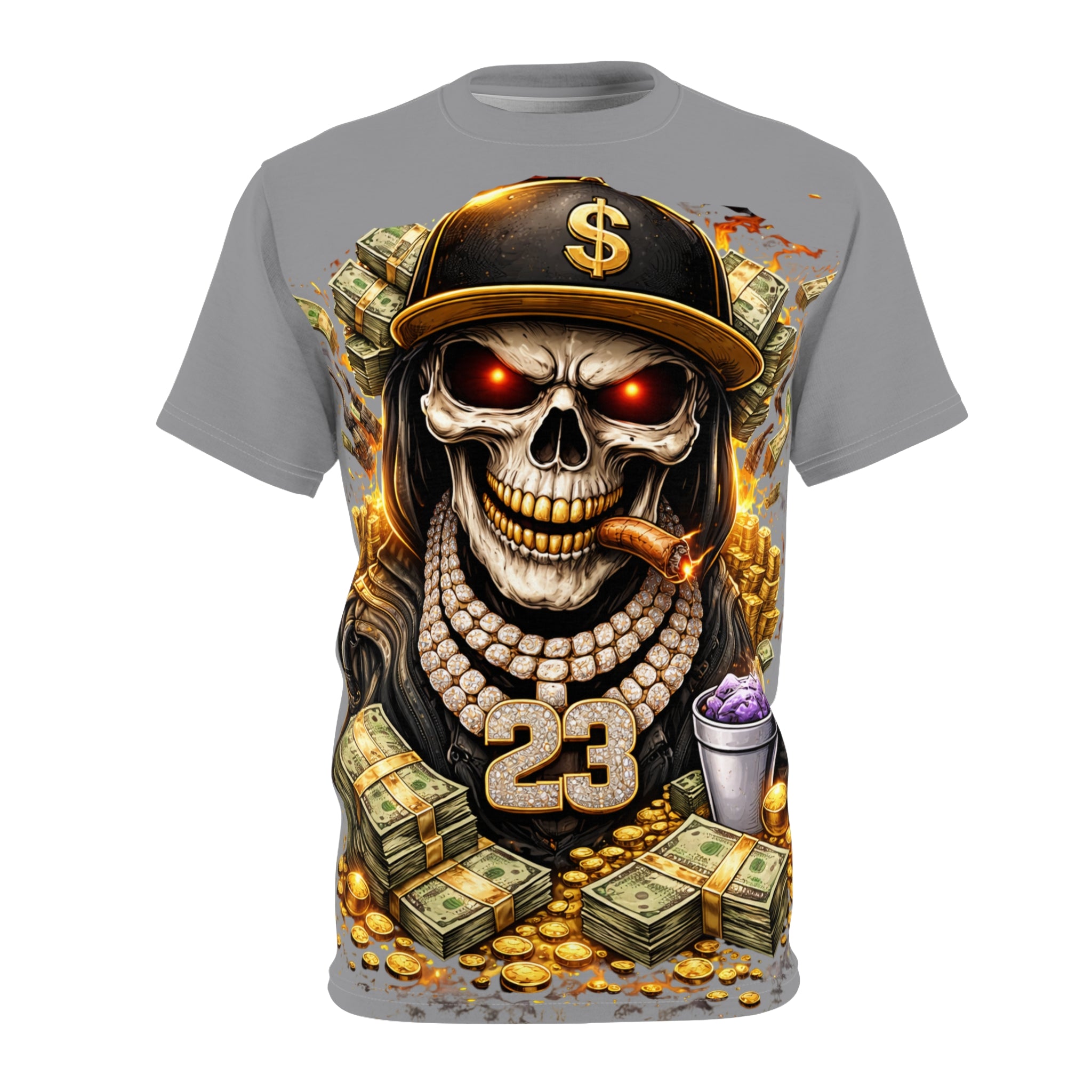 Skull Hustle All-Over Print Tee — Money, Chains & No.23 Urban Graphic Shirt