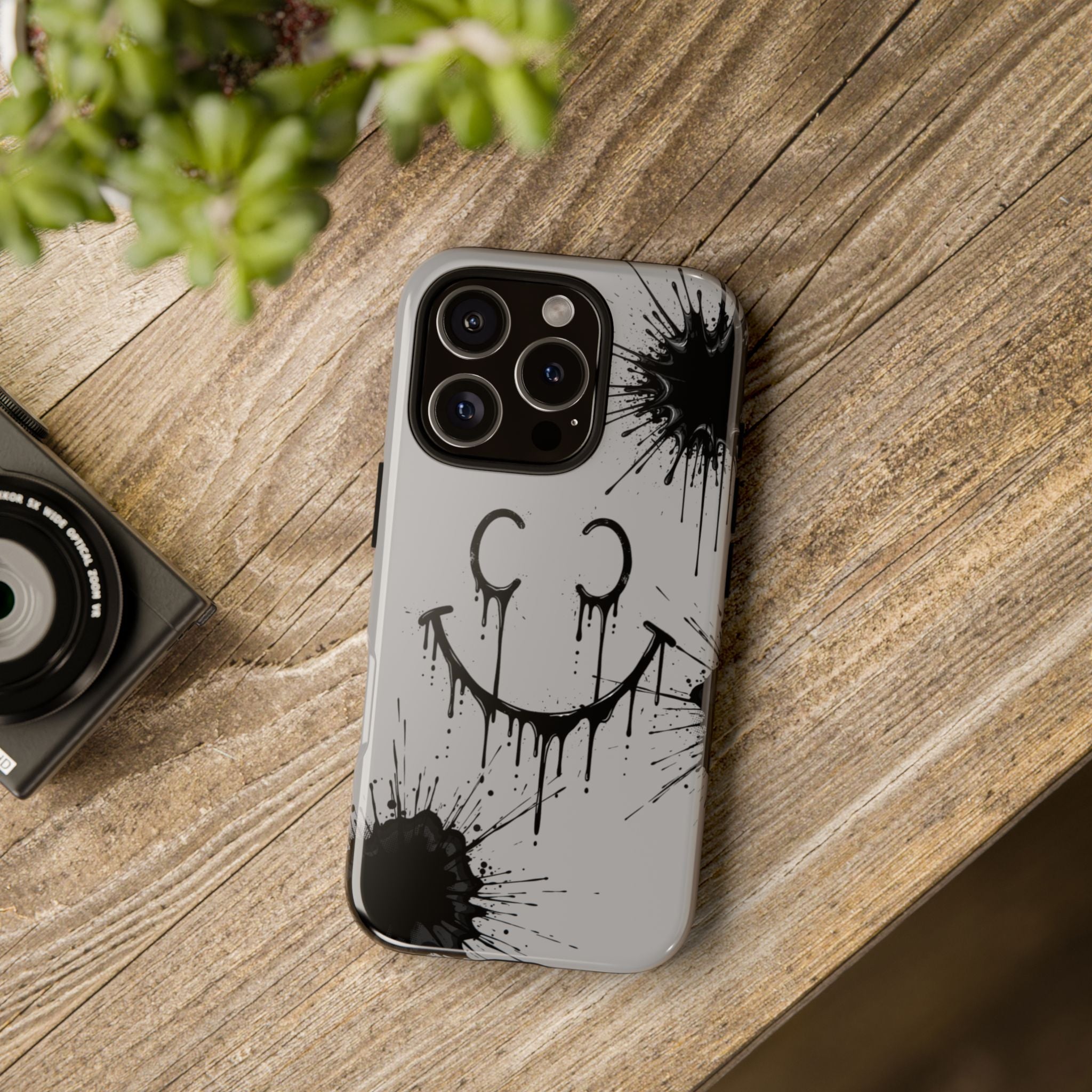 Protective Phone Case — Gray Drip Smile Splatter Design