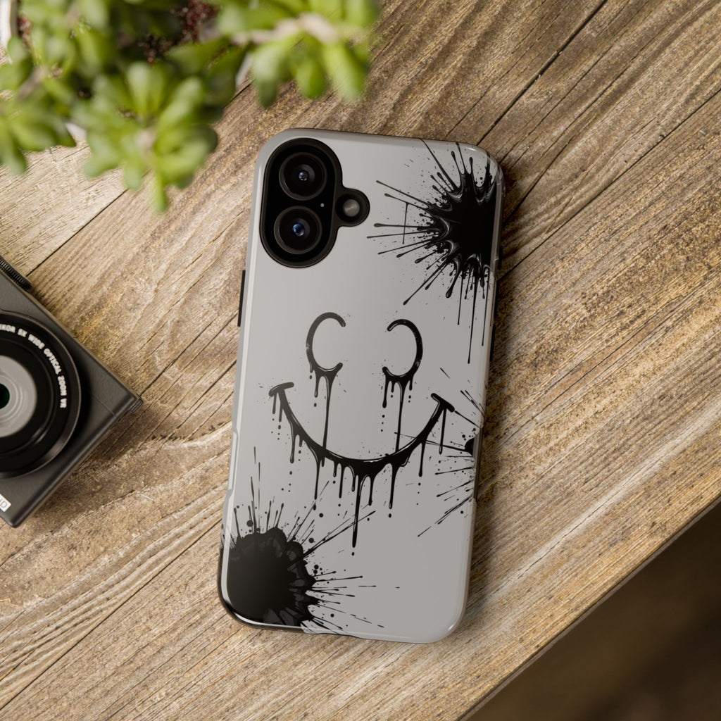 Protective Phone Case — Gray Drip Smile Splatter Design