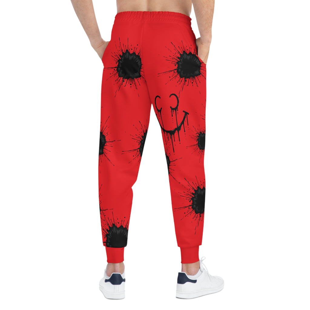 Ink Splatter Teddy Joggers — Grunge Athletic Sweatpants with Smiley Detail