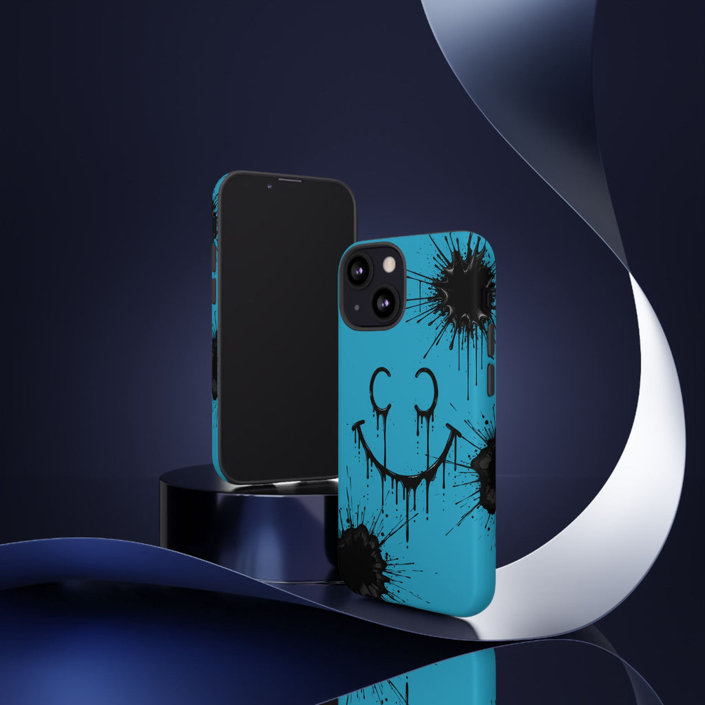 Protective Phone Case — Blue Drip Smile Splatter Design