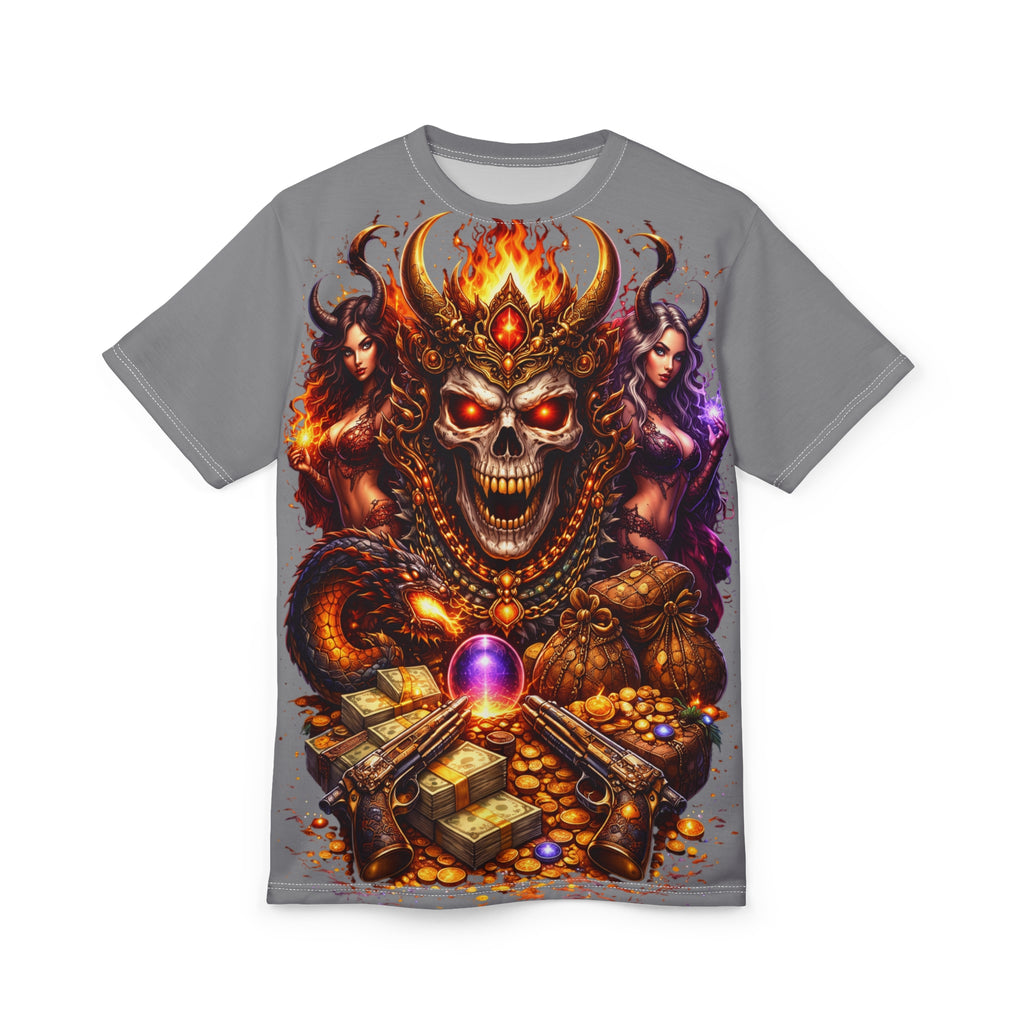 Skull King Treasure All-Over Print Tee — Gothic Fantasy Skull, Flames & Gold