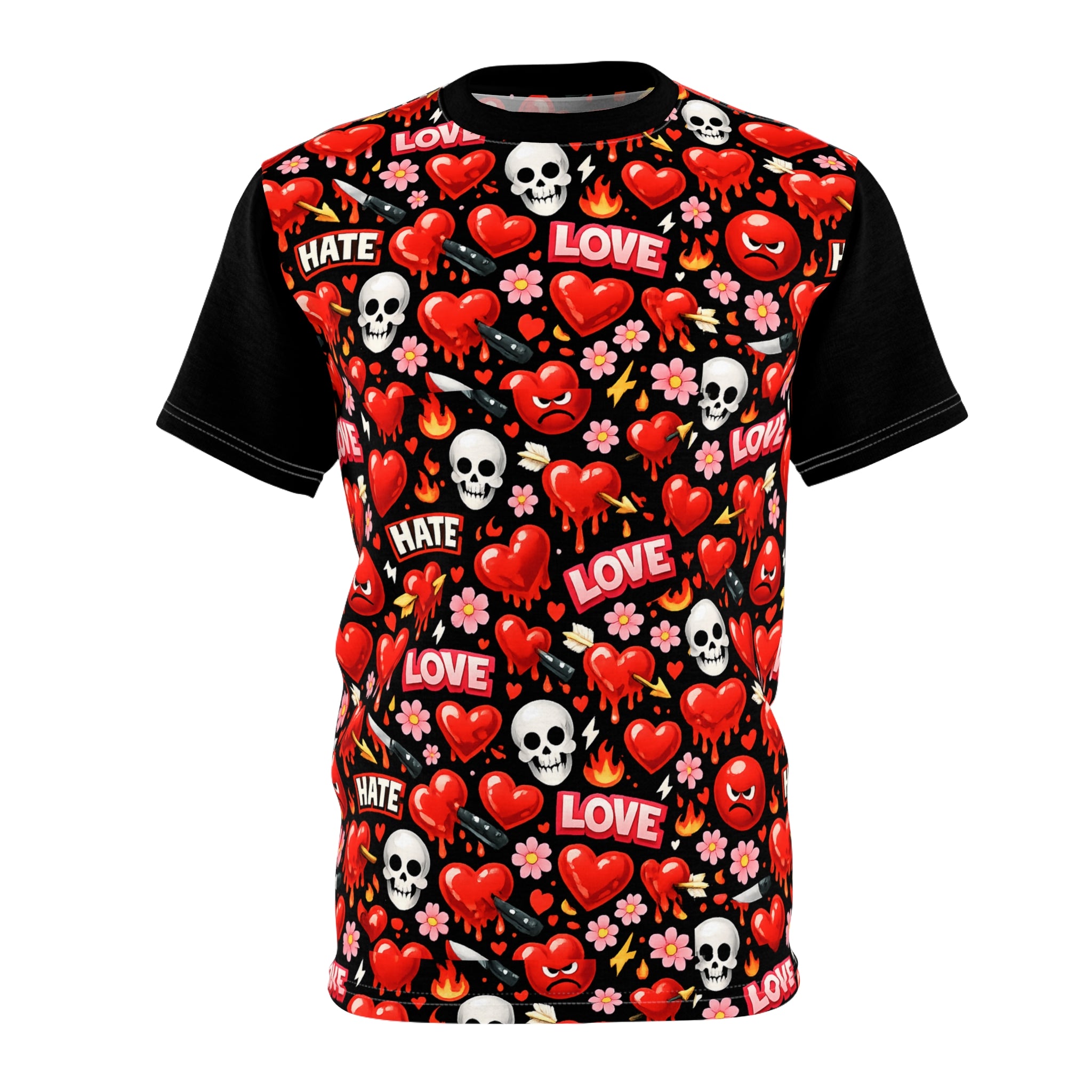 Love & Hate Heart Skull Tee — All-Over Print Graphic Shirt