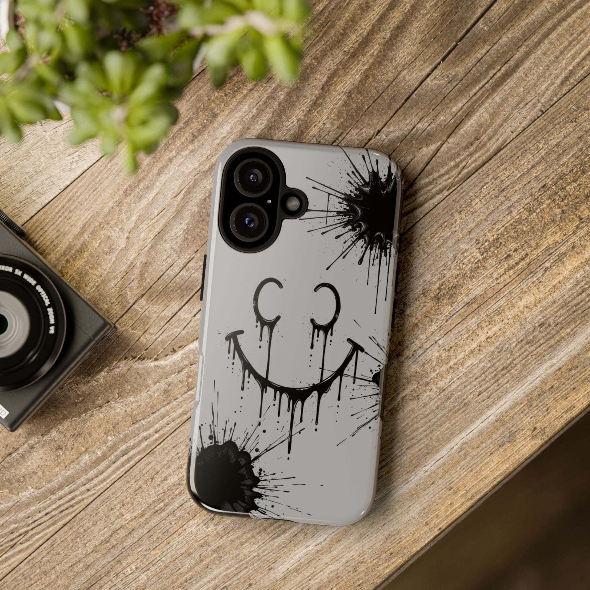 Protective Phone Case — Gray Drip Smile Splatter Design