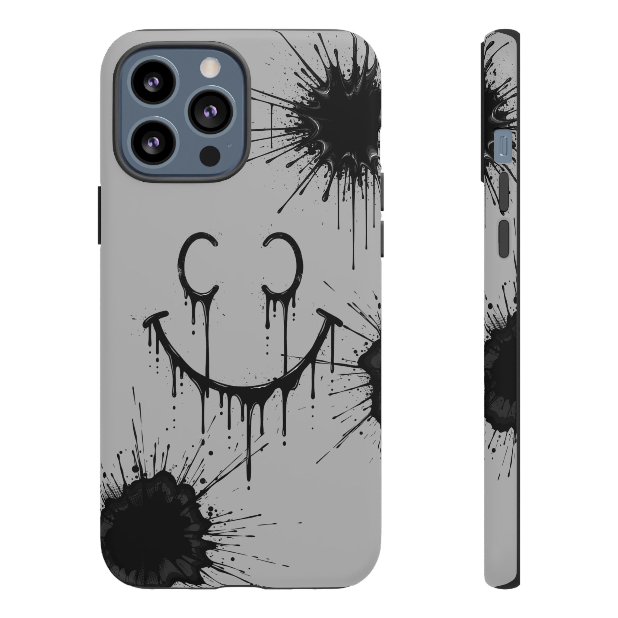 Protective Phone Case — Gray Drip Smile Splatter Design